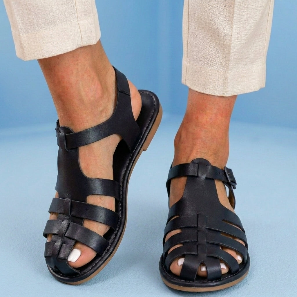 Orthopedic Leather Fisherman Sandals - Multi-Strap Buckle Closure