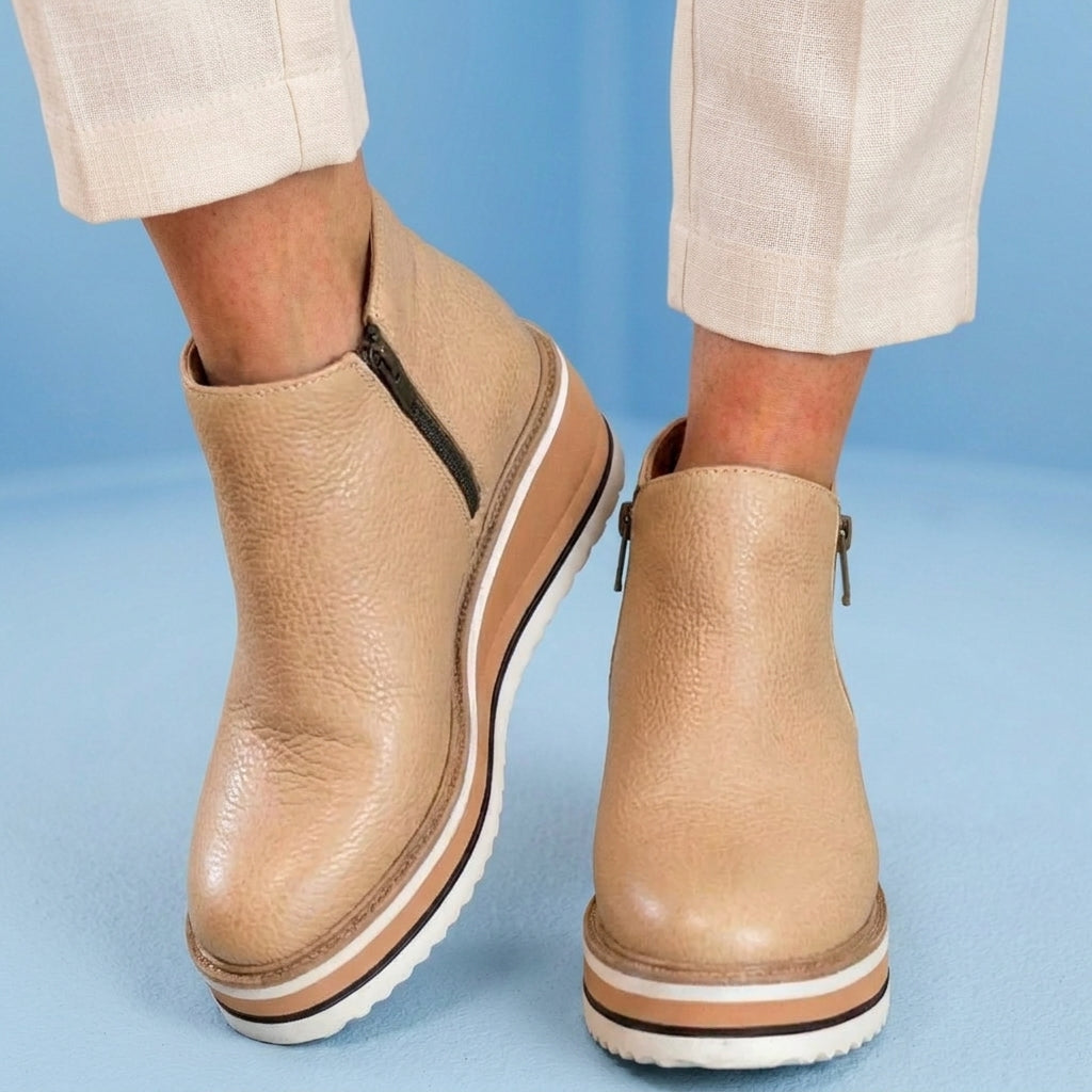 Orthopedic Leather Platform Ankle Boots - Side Zip Wedge