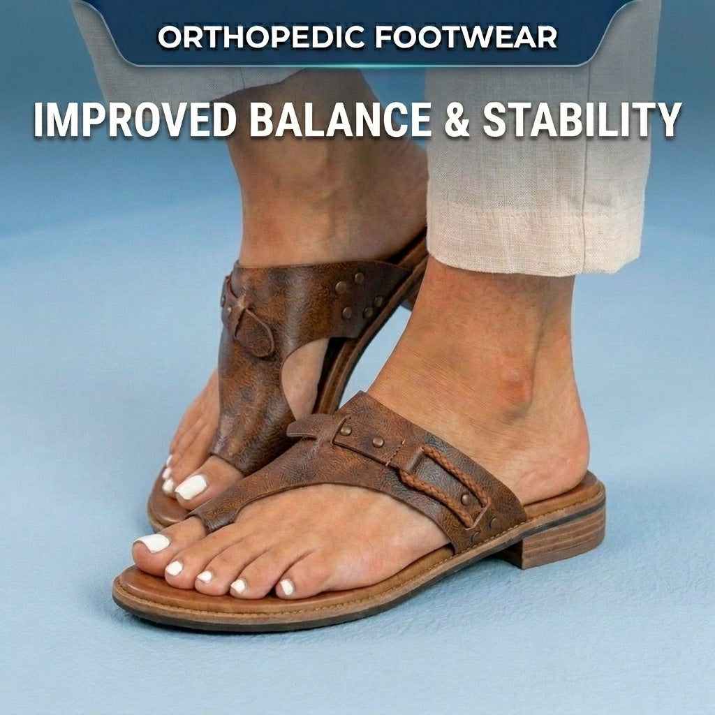 Orthopedic Leather Toe-Loop Sandals - Buckle Accent Cork Footbed