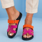 Orthopedic Leather H-Strap Slide Sandals - Adjustable Buckle Closure
