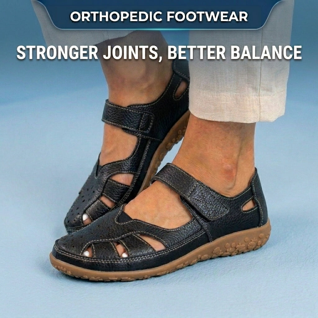 Orthopedic Leather Mary Jane Sandals - Perforated Design & Grip Sole