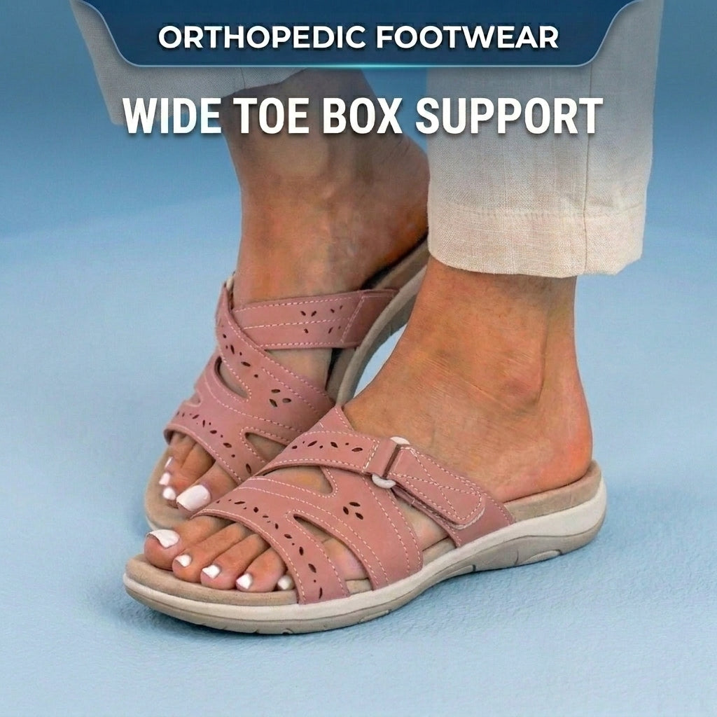 Orthopedic Suede Slide Sandals - Perforated Cutout & Velcro Closure