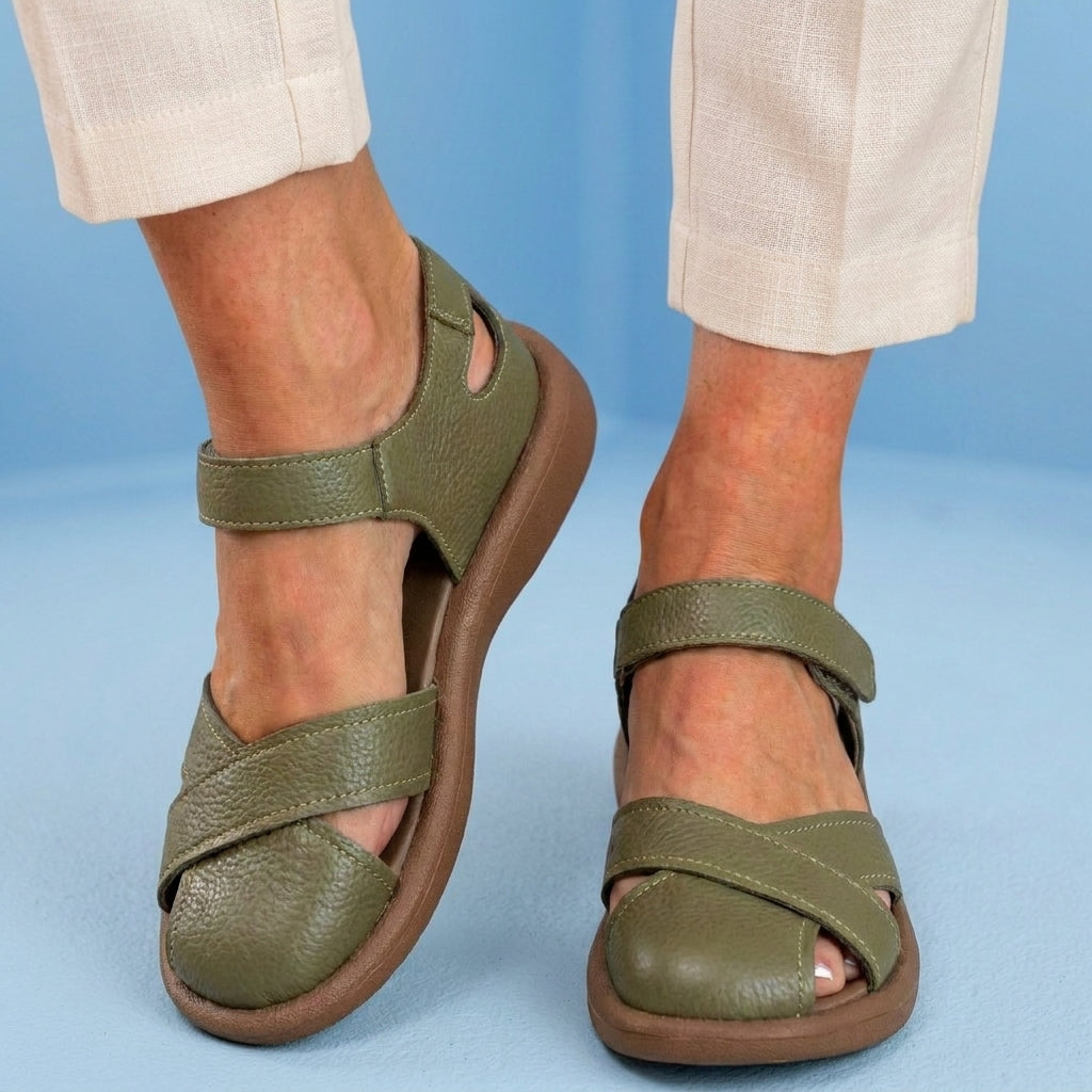 Orthopedic Leather Cross-Strap Comfort Sandals – Cushioned Open Toe
