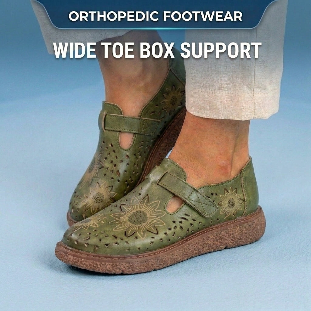 Orthopedic Leather Perforated Mary Janes - Floral Cutout T-Strap