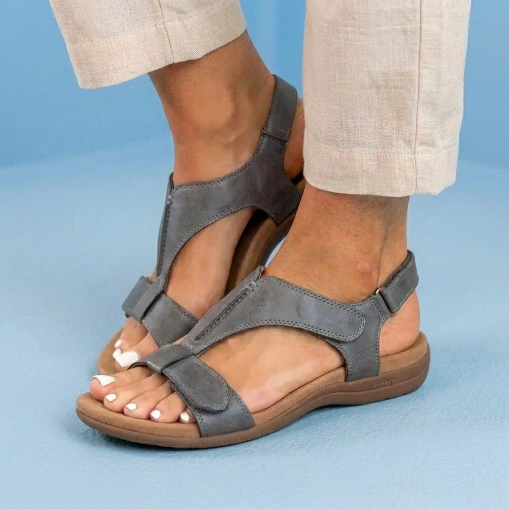Orthopedic Leather Ankle-Strap Sandals - Contoured T-Bar Cork Footbed