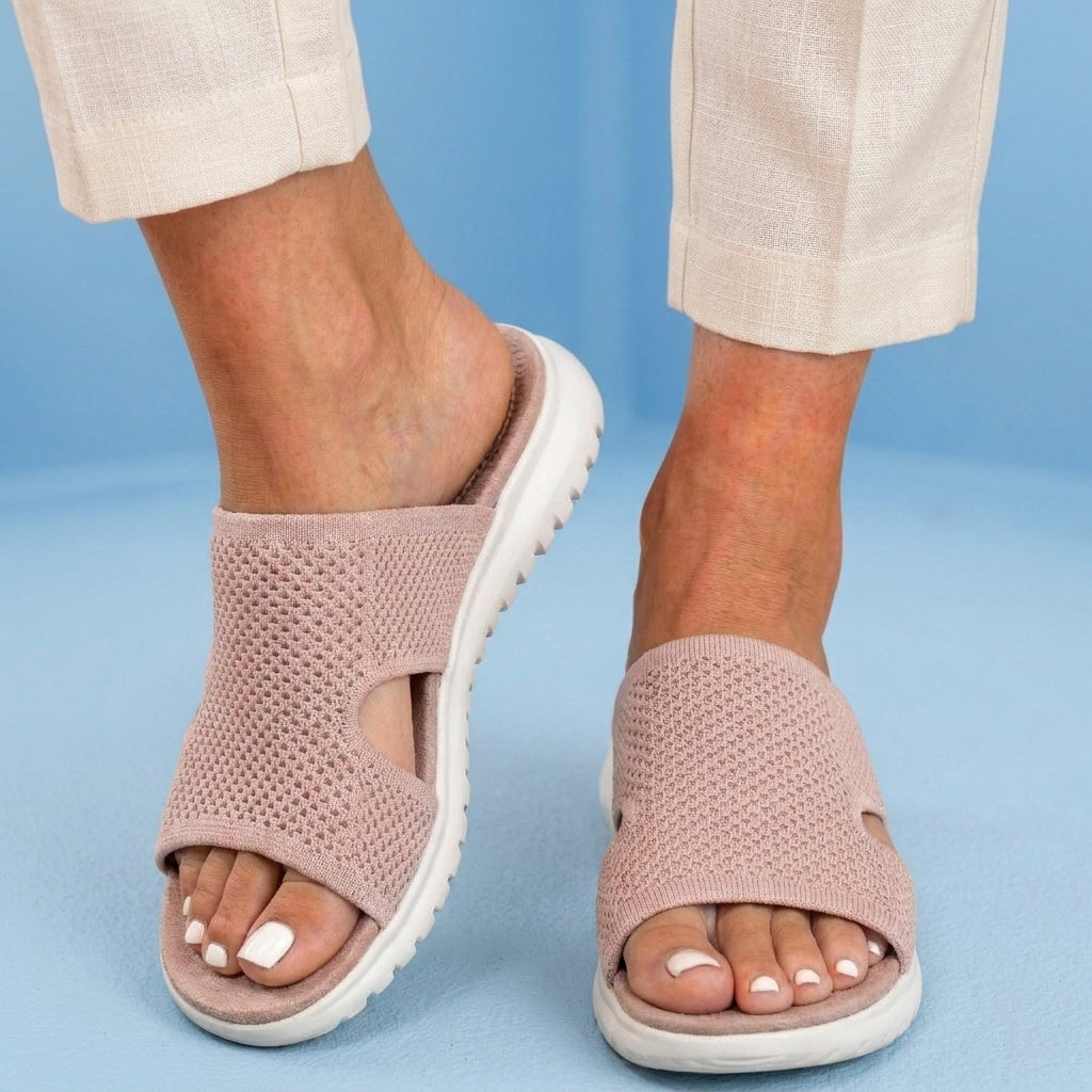 Orthopedic Knit Slide Sandals - Wide Cutout Band Design & Breathable Mesh Construction