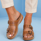 Orthopedic Leather Platform Slide Sandals - Double Buckle Perforated Design