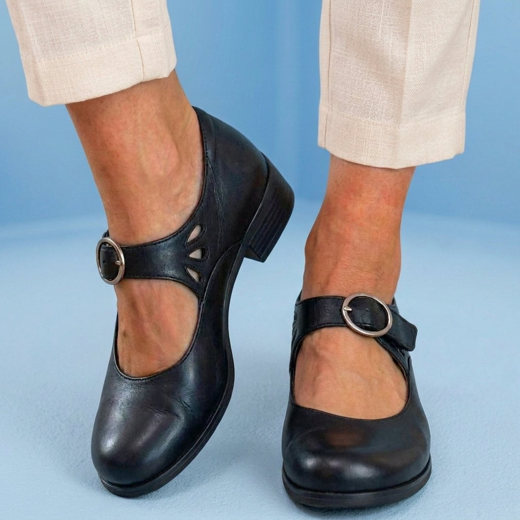 Orthopedic Suede Mary Jane Block Heels - Ring Buckle & Cutout Detail