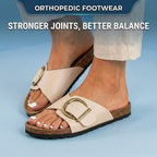 Orthopedic Leather Cork Slide Sandals - Oversized Buckle Detail