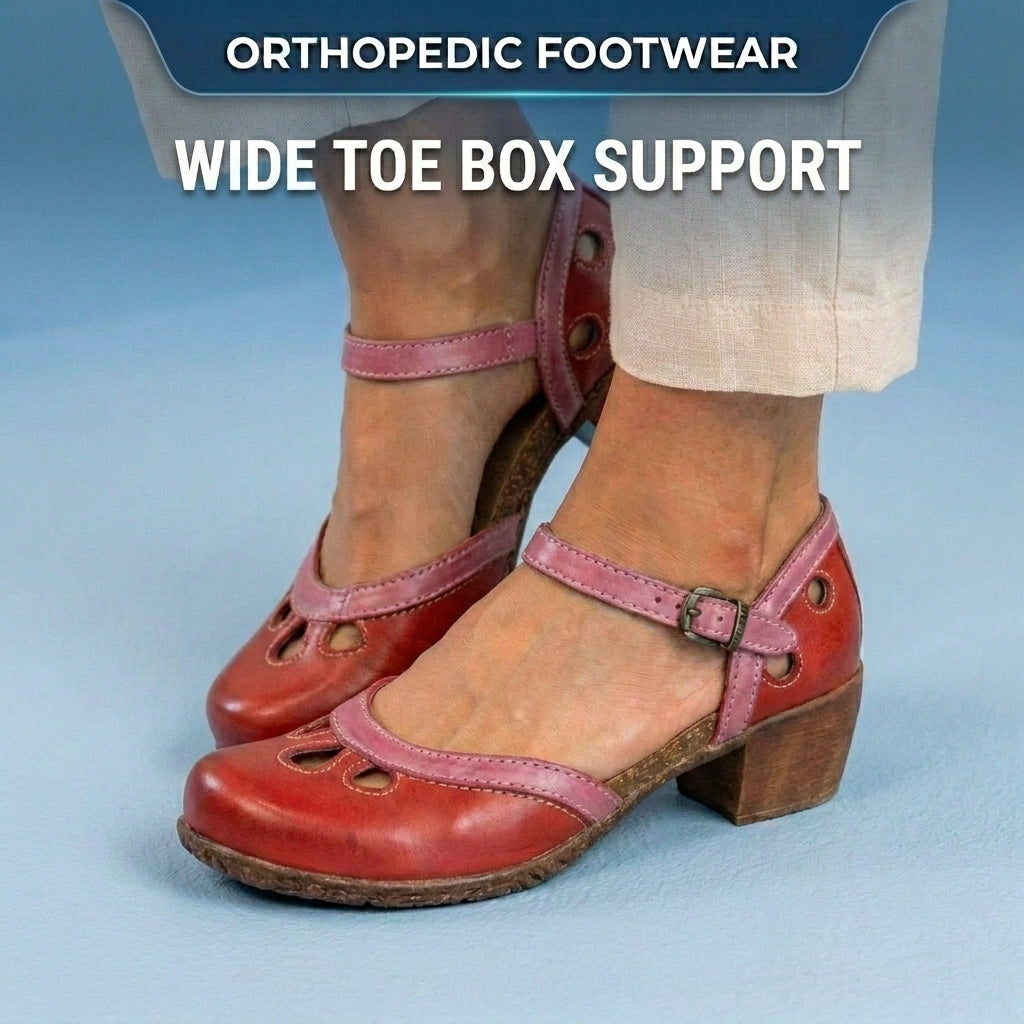Orthopedic Leather Color-Block Mary Janes - Cutout Pattern & Dual-Buckle