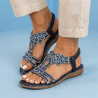 Orthopedic Embellished Wedge Sandals - Rhinestone Floral & Elastic Slingback