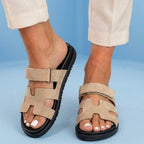 Orthopedic Leather H-Strap Slide Sandals - Adjustable Buckle Closure
