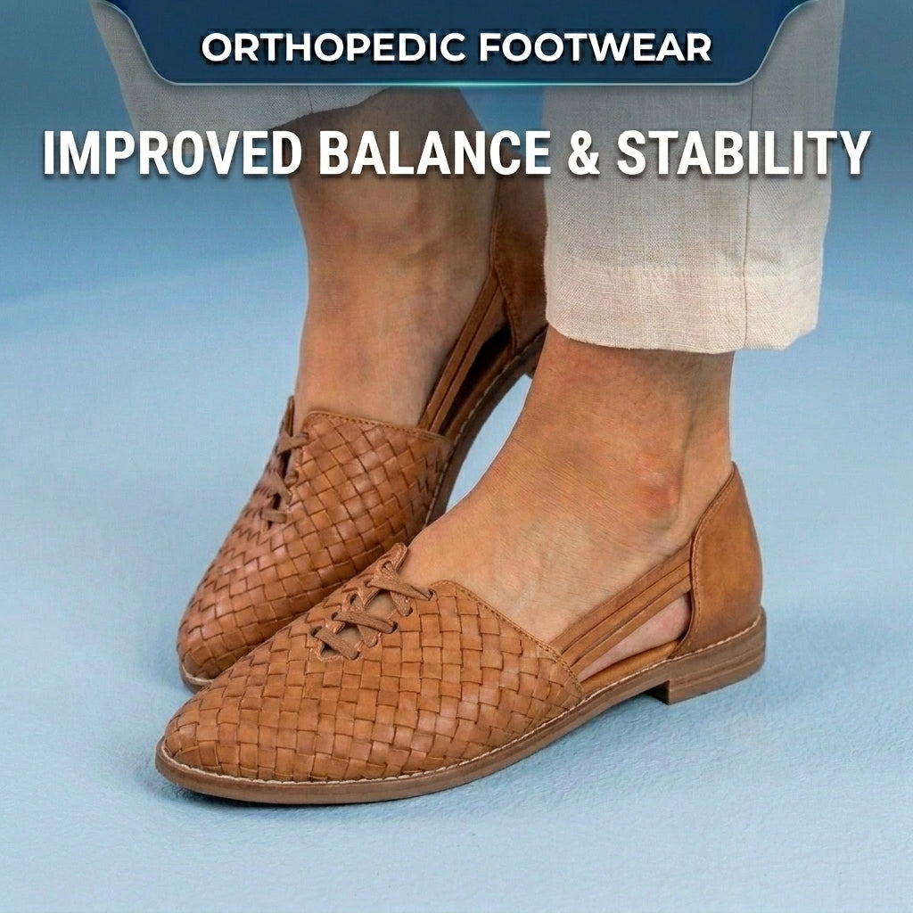 Orthopedic Leather Woven Slip-On Flats - Basketweave Cutout Detail