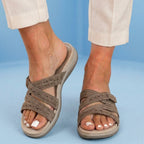 Orthopedic Suede Slide Sandals - Perforated Cutout & Velcro Closure