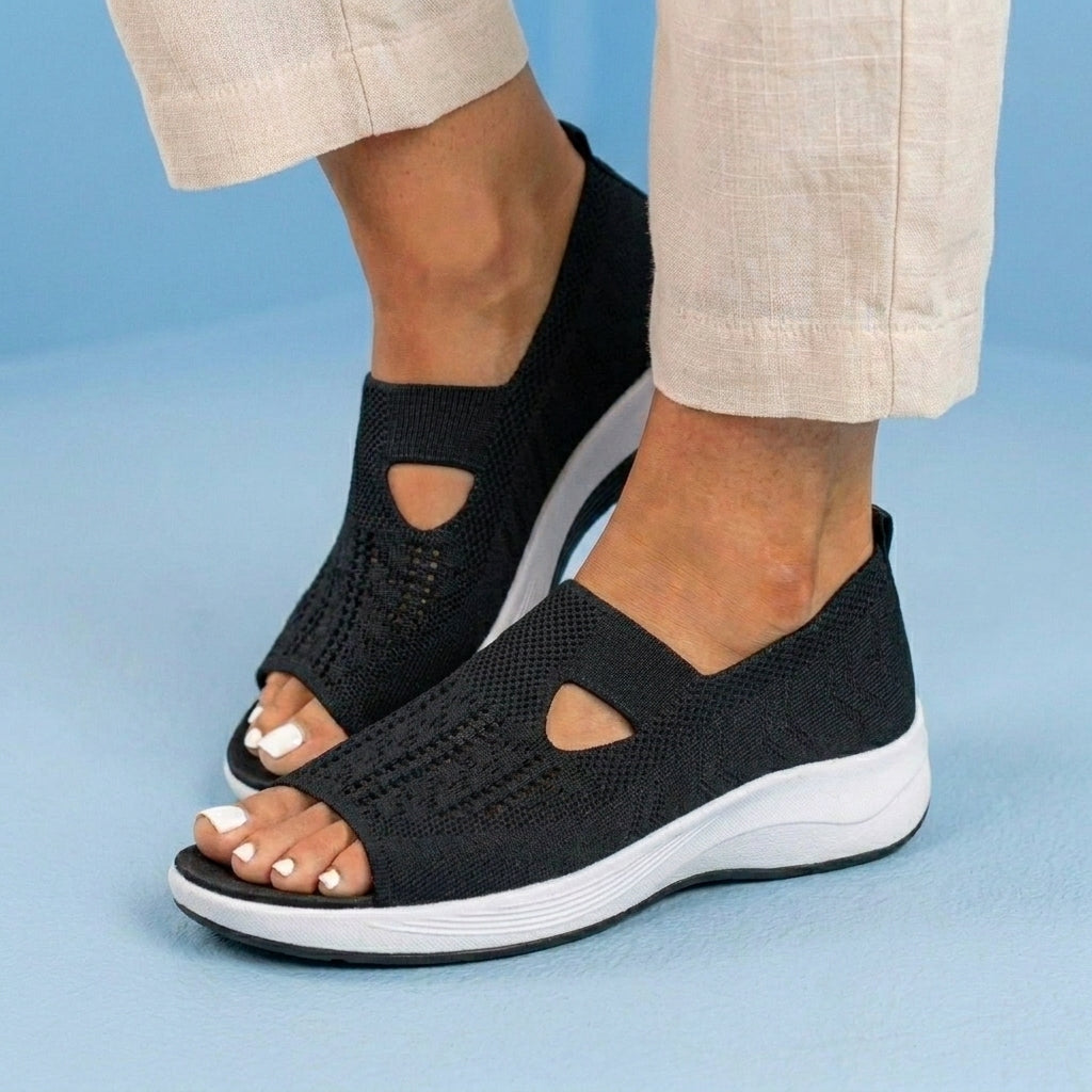 Orthopedic Knit Slip-On Wedge Sneakers - Cutout Teardrop Design & Rocker Sole