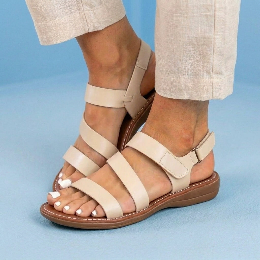 Orthopedic Leather Multi-Strap Sandals - Triple Buckle Closure