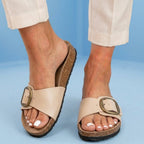 Orthopedic Leather Cork Slide Sandals - Oversized Buckle Detail