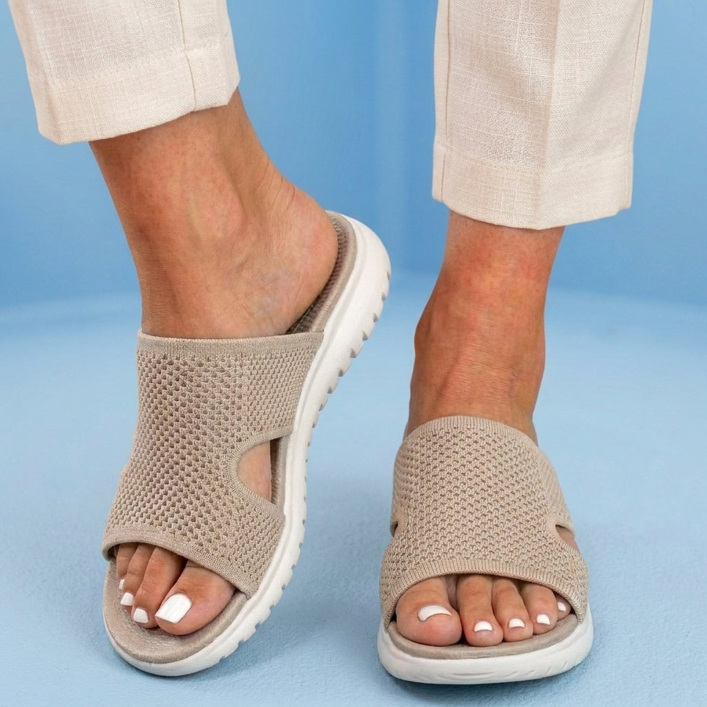 Orthopedic Knit Slide Sandals - Wide Cutout Band Design & Breathable Mesh Construction