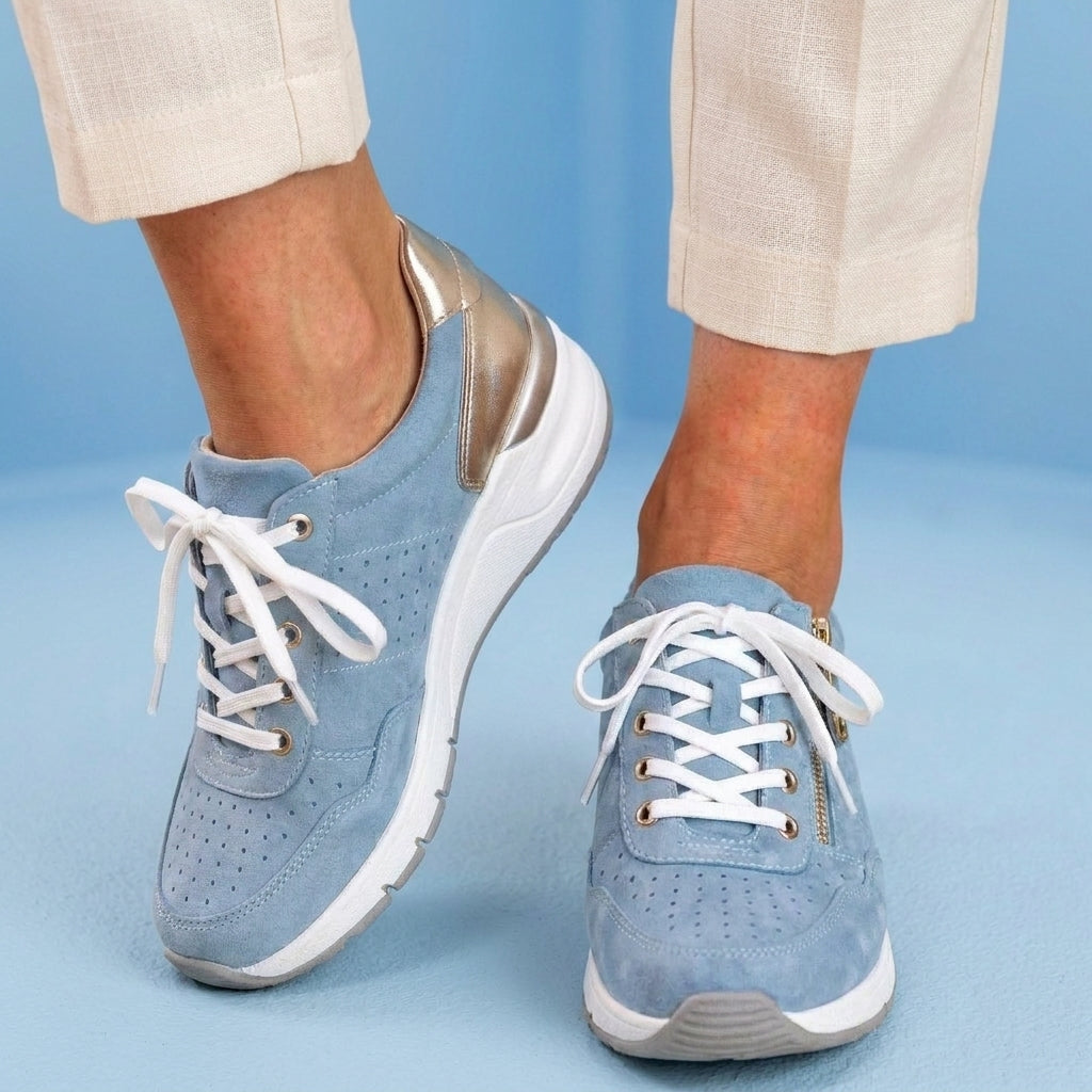 Orthopedic Suede Platform Sneakers - Perforated Design & Metallic Heel Counter