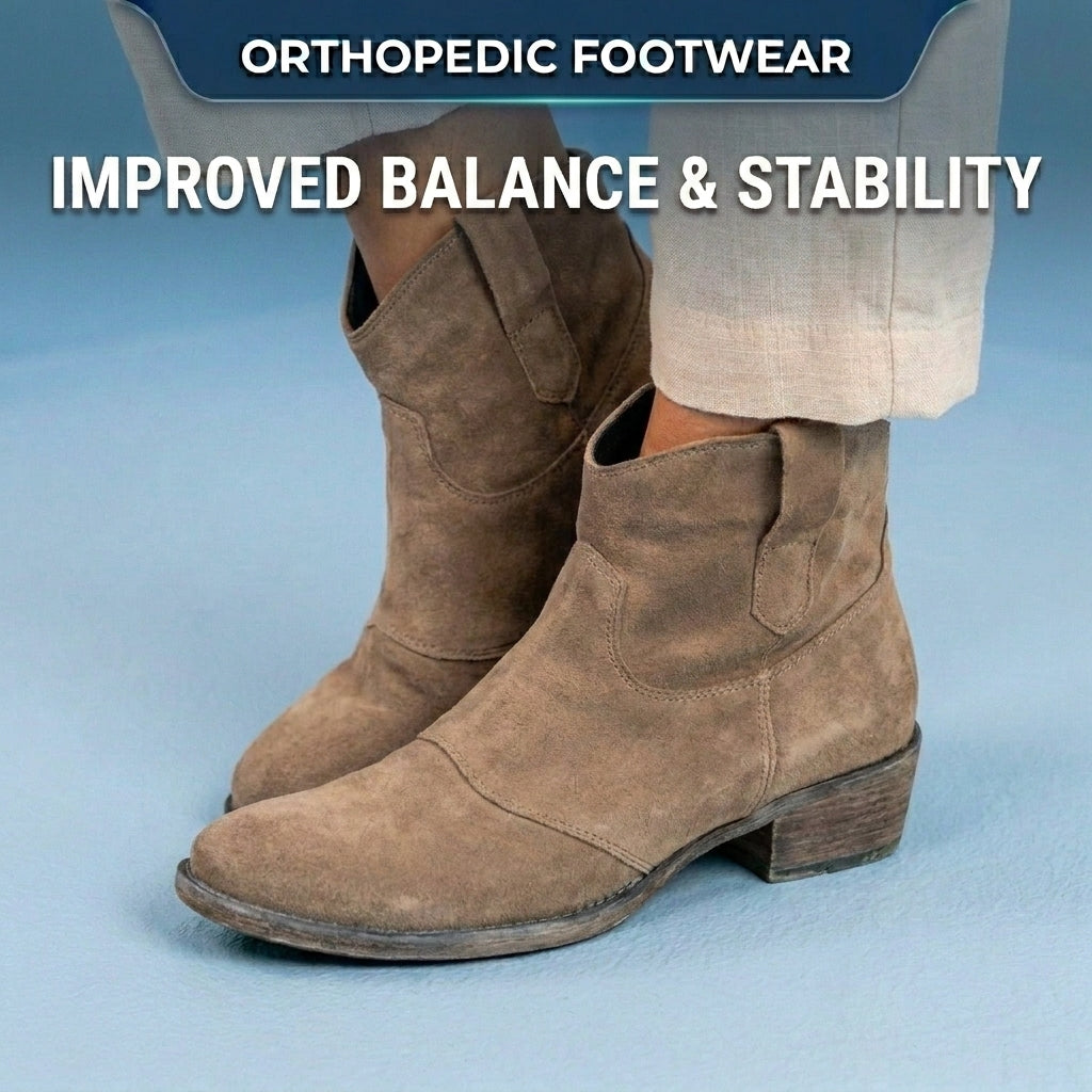 Orthopedic Suede Western Ankle Boots - Low Block Heel Pull-On