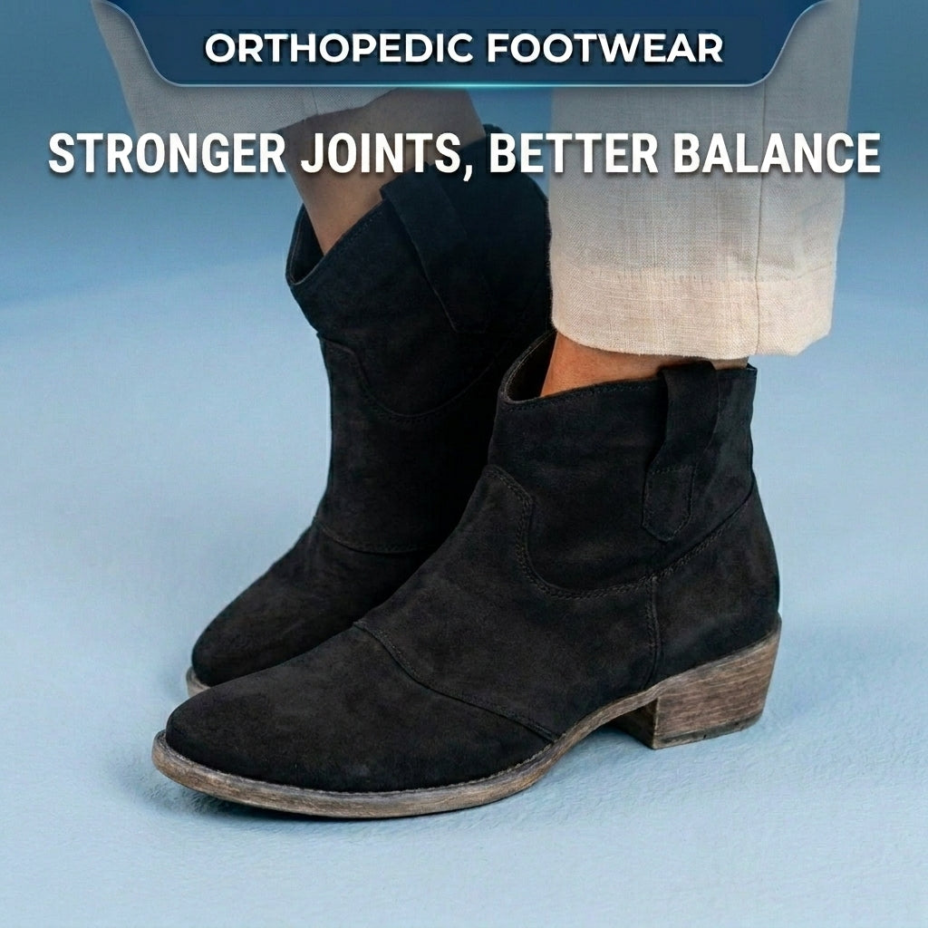 Orthopedic Suede Western Ankle Boots - Low Block Heel Pull-On