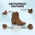 Orthopedic Suede Western Ankle Boots - Low Block Heel Pull-On