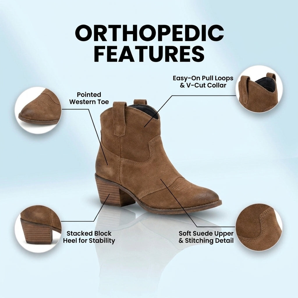 Orthopedic Suede Western Ankle Boots - Low Block Heel Pull-On