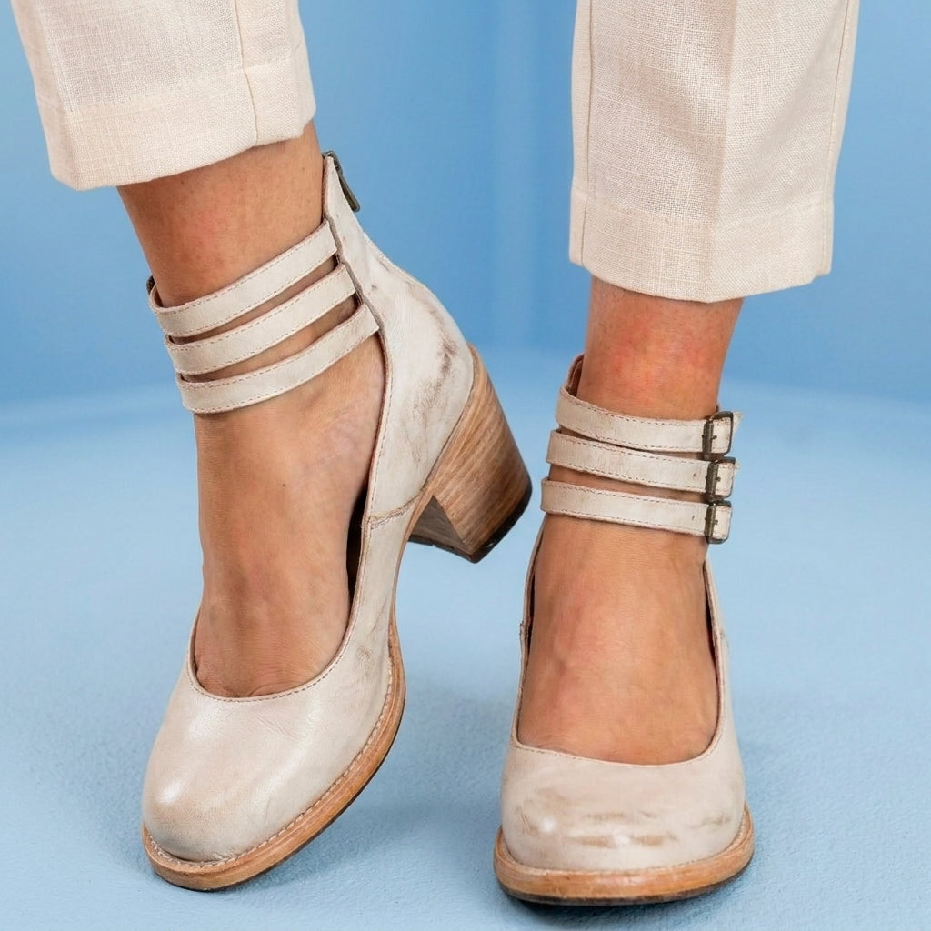 Orthopedic Leather Ankle Boots - Block Heel Double Buckle Strap