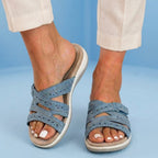 Orthopedic Suede Slide Sandals - Perforated Cutout & Velcro Closure