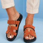 Orthopedic Leather H-Strap Slide Sandals - Adjustable Buckle Closure