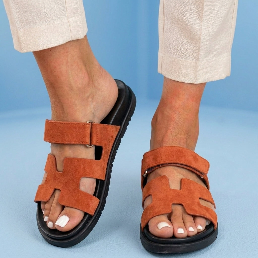 Orthopedic Leather H-Strap Slide Sandals - Adjustable Buckle Closure