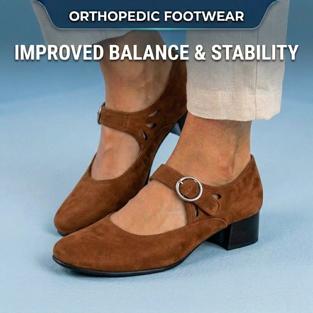 Orthopedic Suede Mary Jane Block Heels - Ring Buckle & Cutout Detail