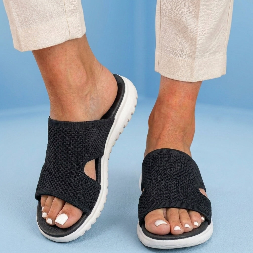 Orthopedic Knit Slide Sandals - Wide Cutout Band Design & Breathable Mesh Construction