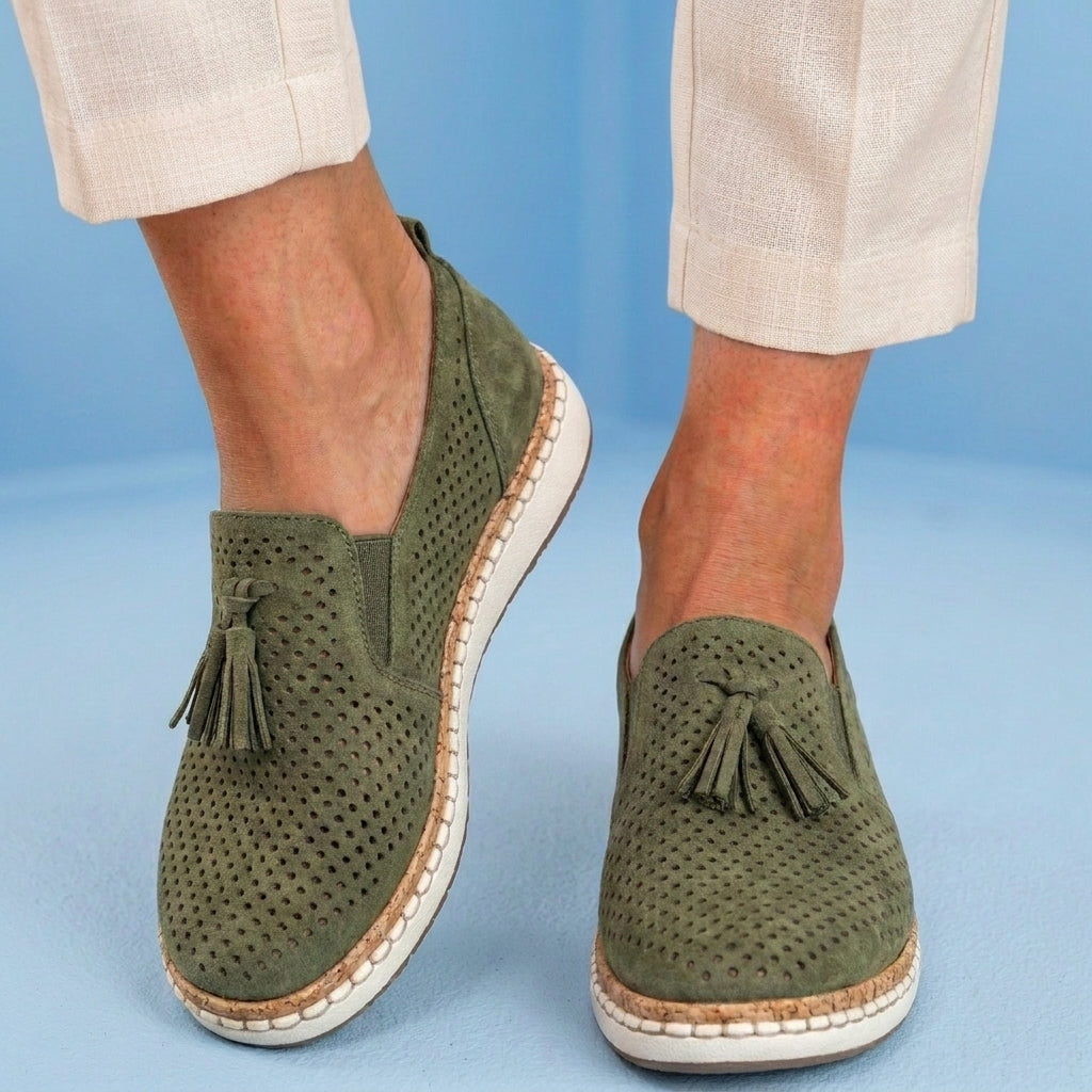 Orthopedic Leather Slip-On Sneakers - Tassel & Perforated Detail