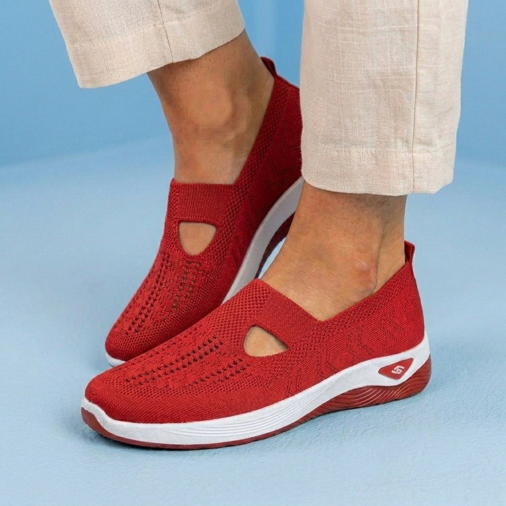 Orthopedic Knit Slip-On Wedge Sneakers - Cutout Teardrop Design & Rocker Sole