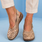 Orthopedic Leather Slingback Wedges - Perforated Floral Cutout Pattern