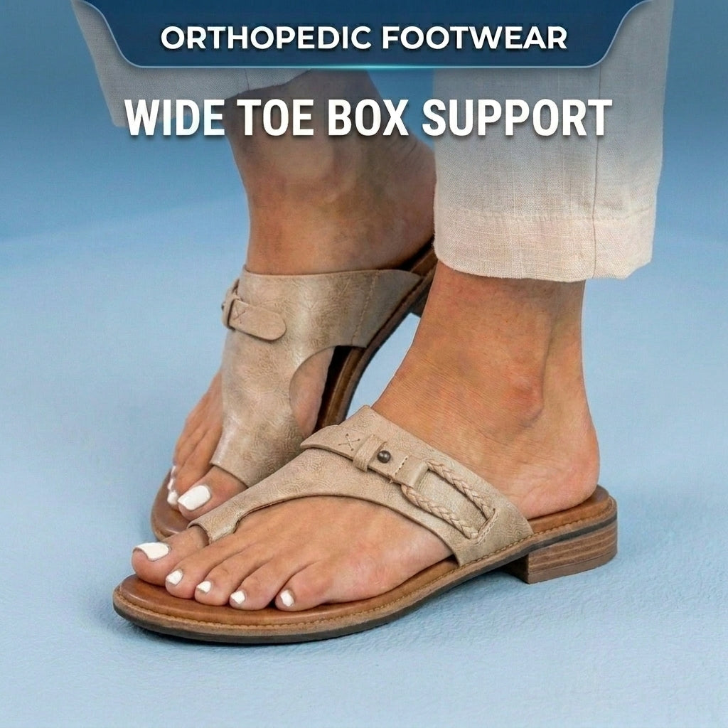 Orthopedic Leather Toe-Loop Sandals - Buckle Accent Cork Footbed