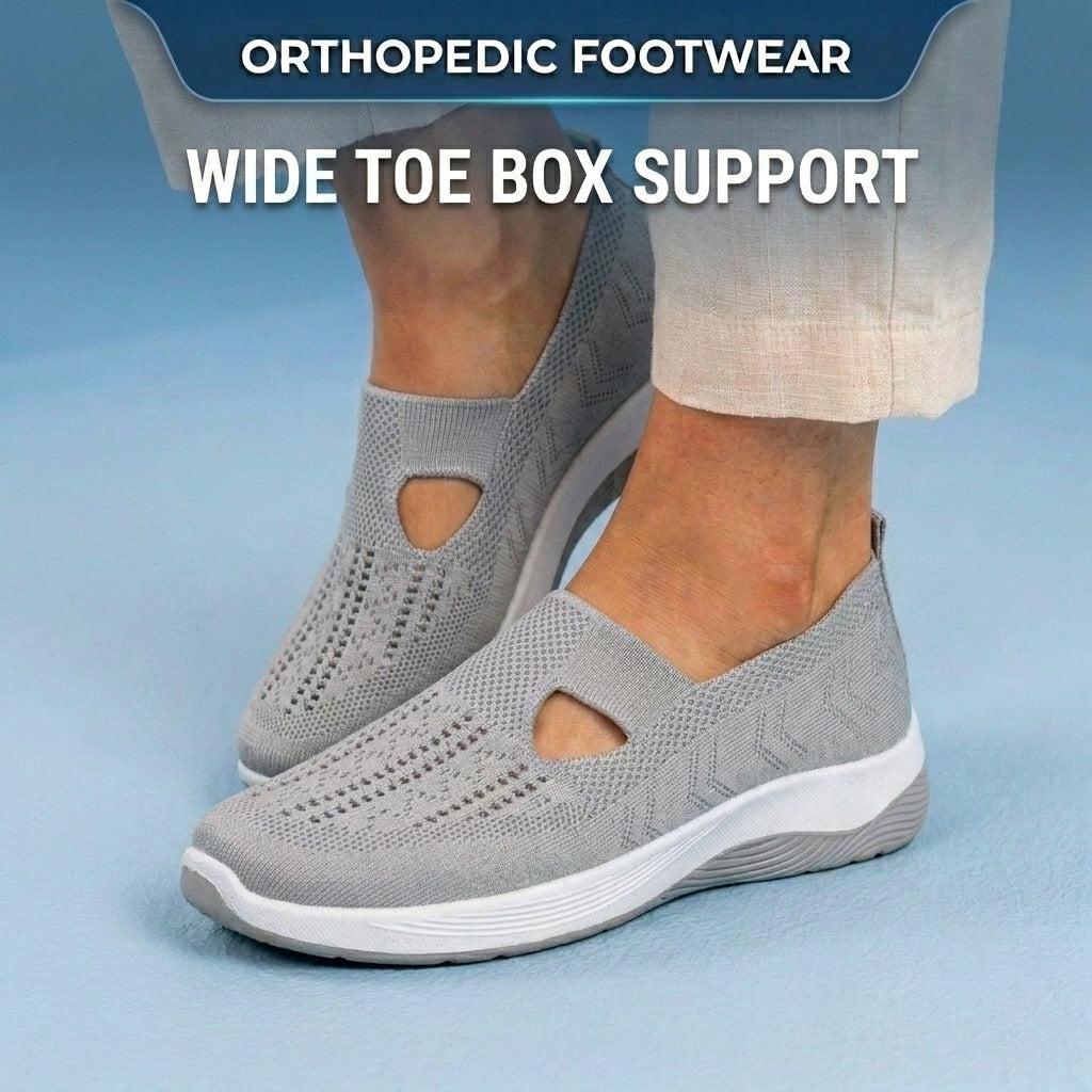 Orthopedic Knit Slip-On Wedge Sneakers - Cutout Teardrop Design & Rocker Sole