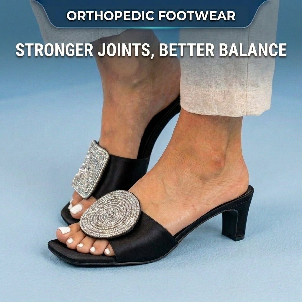 Orthopedic Raffia Block Heel Mules - Crystal Circle & Square Embellishment