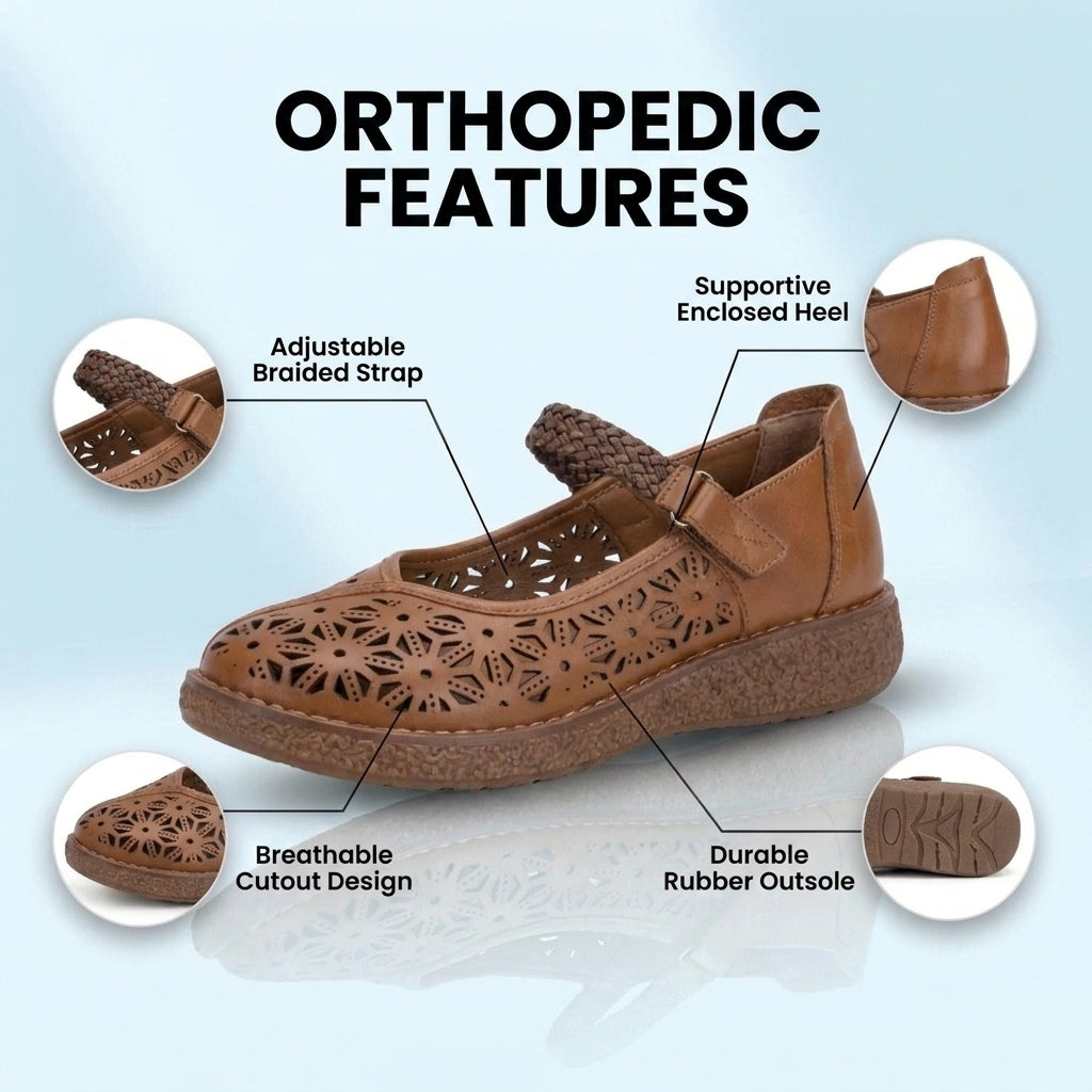 Orthopedic Leather Laser-Cut Flats - Braided Ankle Strap