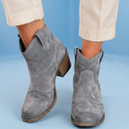 Orthopedic Suede Western Ankle Boots - Low Block Heel Pull-On
