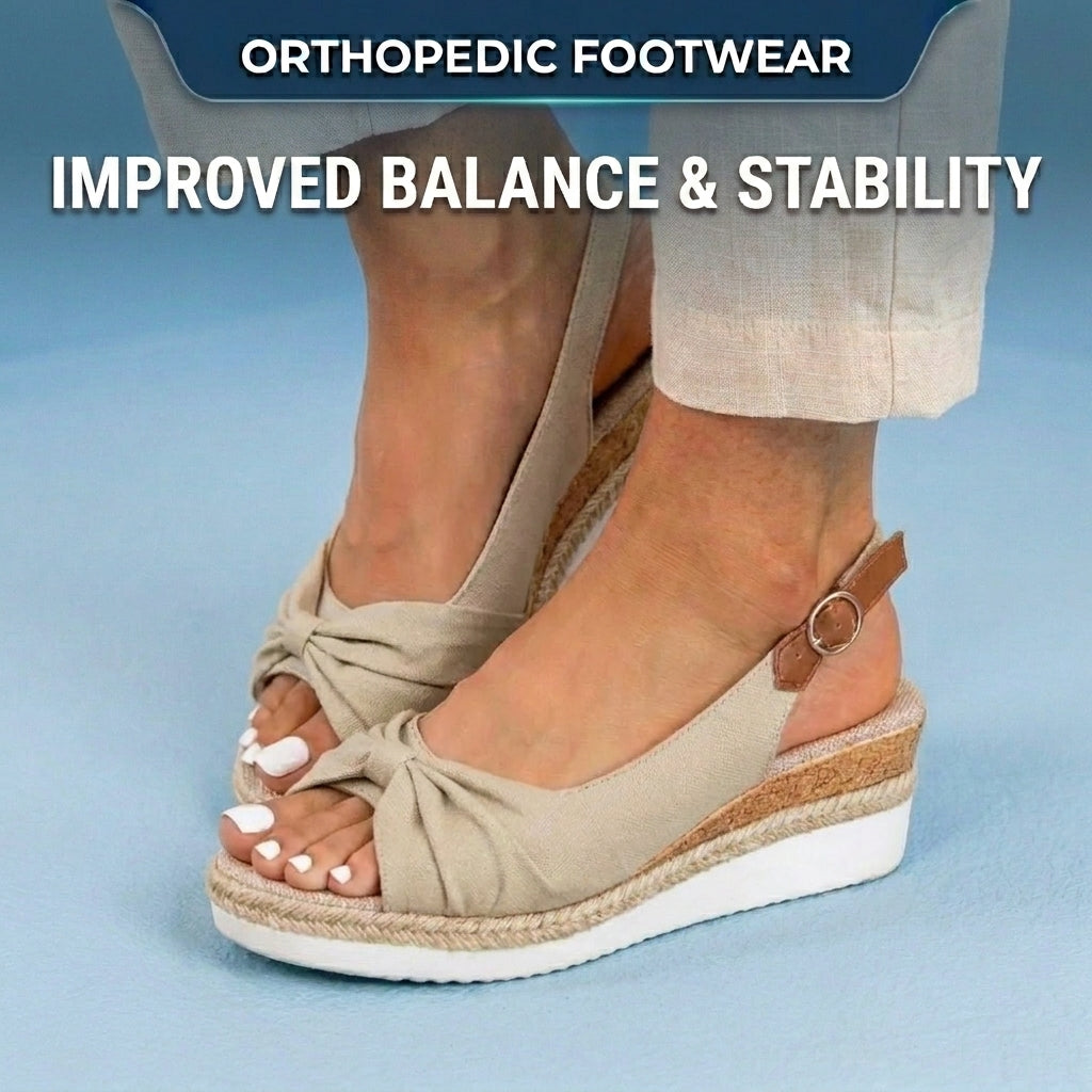 Orthopedic Knot-Front Espadrille Wedge Sandals - Ankle Buckle Strap