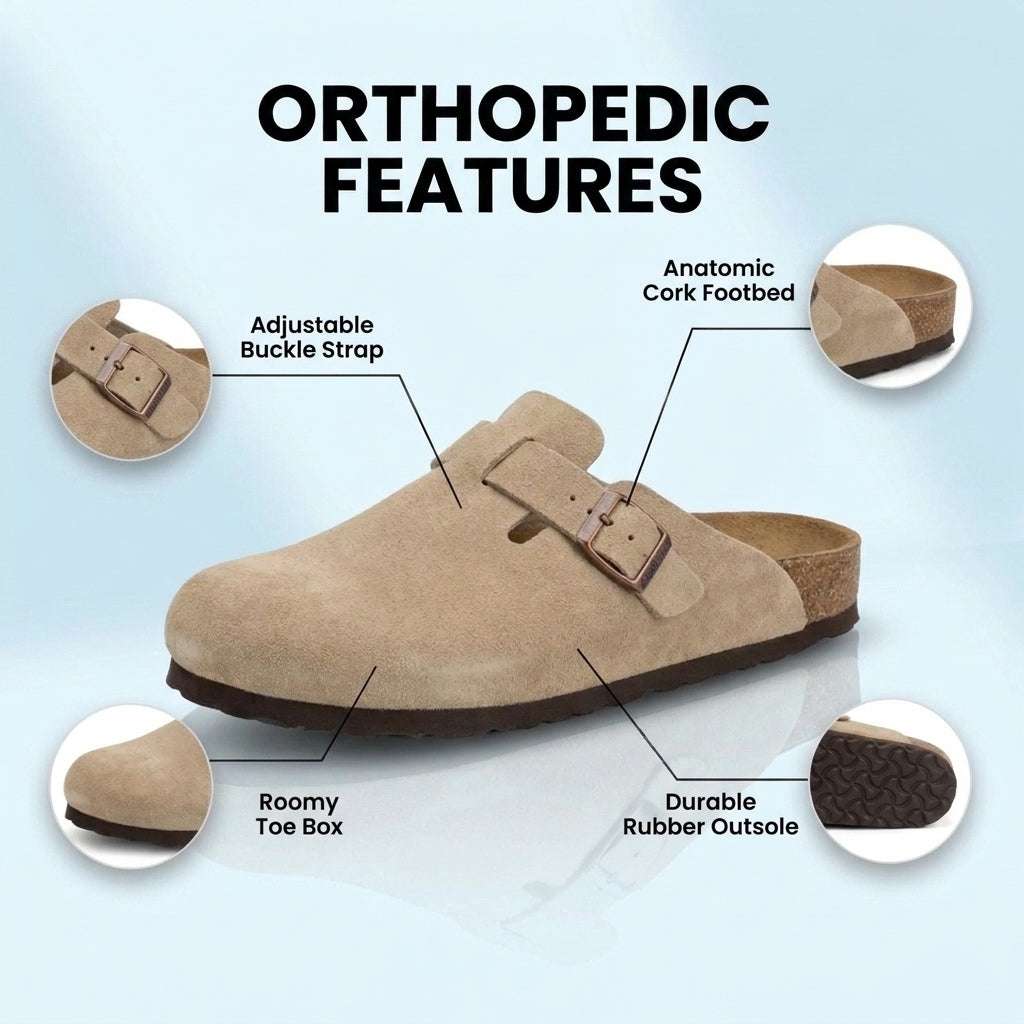 Orthopedic Suede Cork Footbed Clogs - Single Buckle Detail
