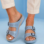 Orthopedic Leather Platform Slide Sandals - Double Buckle Perforated Design
