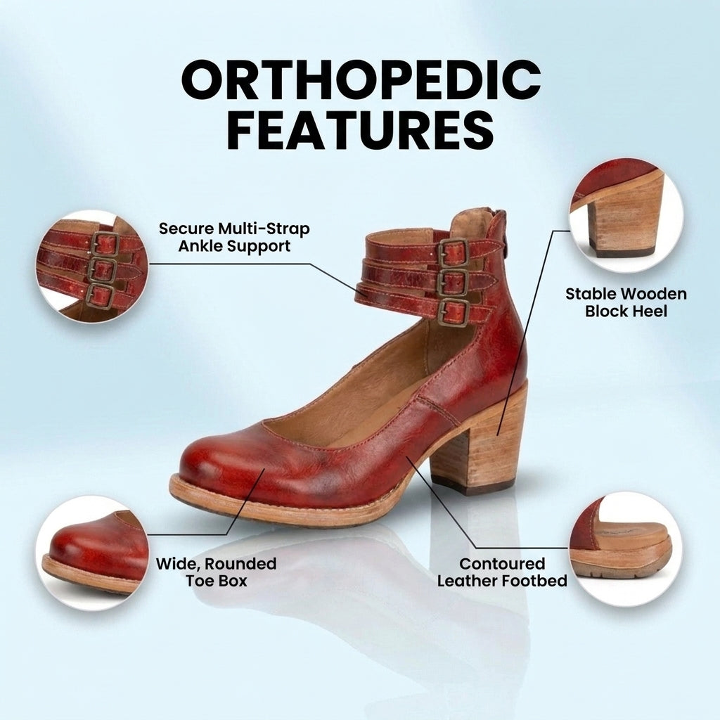 Orthopedic Leather Ankle Boots - Block Heel Double Buckle Strap