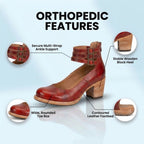 Orthopedic Leather Ankle Boots - Block Heel Double Buckle Strap