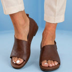Orthopedic Leather Peep-Toe Wedge Slides - Wide Strap Design