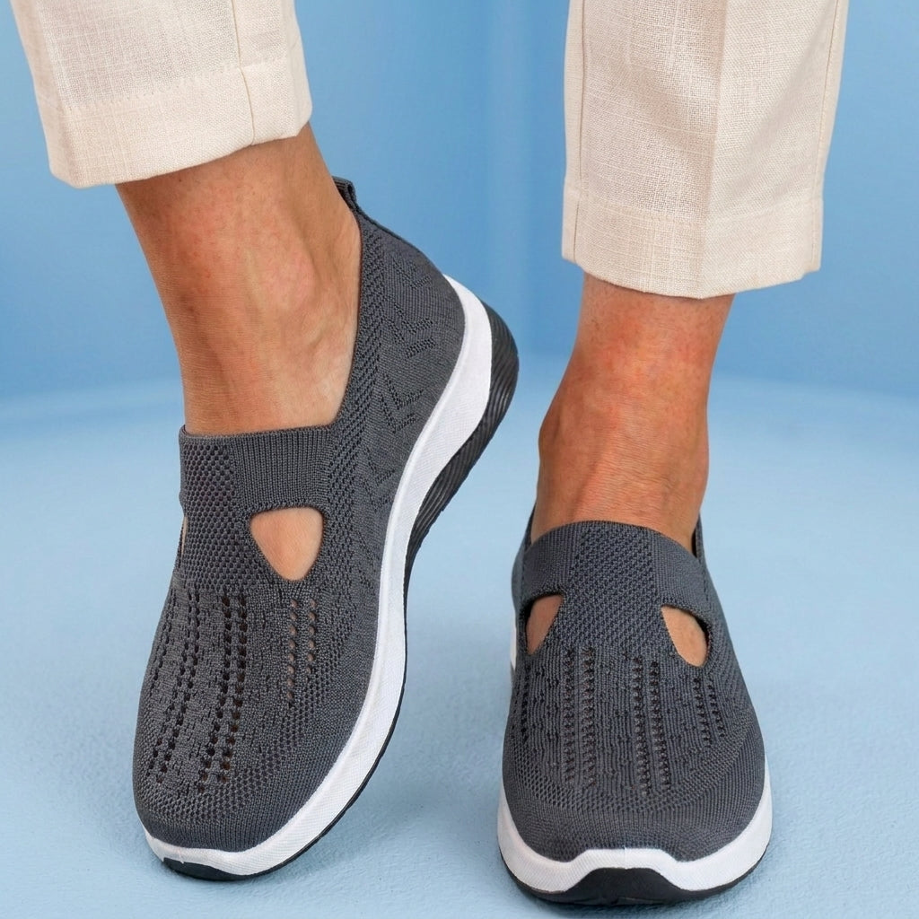Orthopedic Knit Slip-On Wedge Sneakers - Cutout Teardrop Design & Rocker Sole