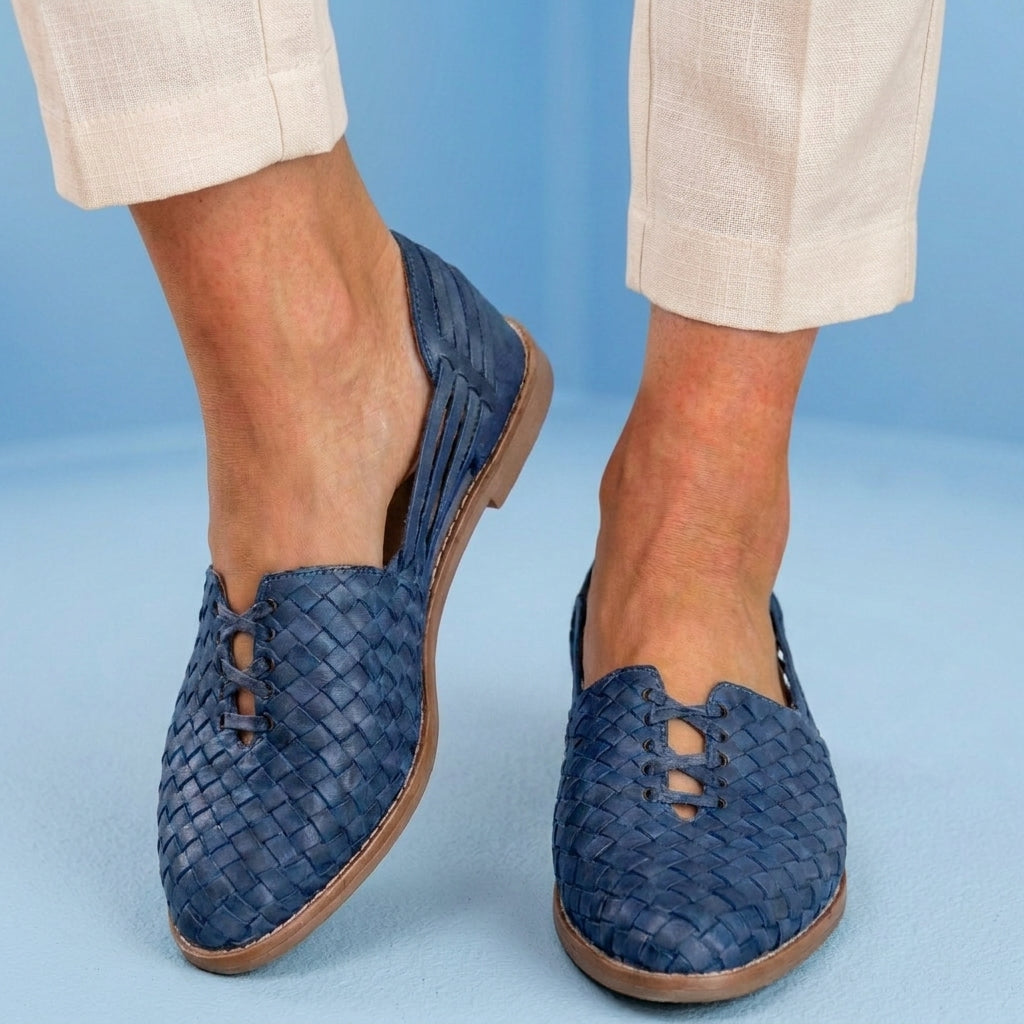 Orthopedic Leather Woven Slip-On Flats - Basketweave Cutout Detail