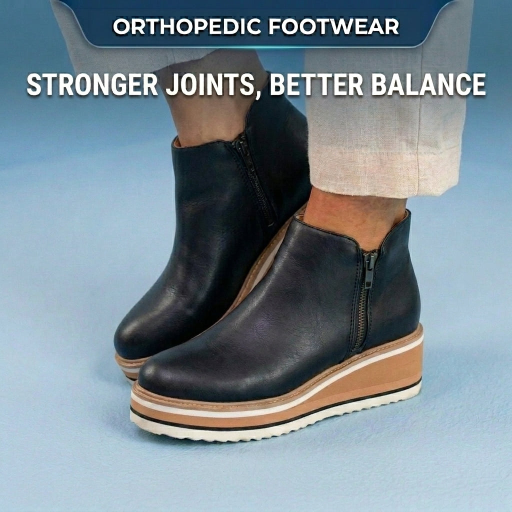 Orthopedic Leather Platform Ankle Boots - Side Zip Wedge